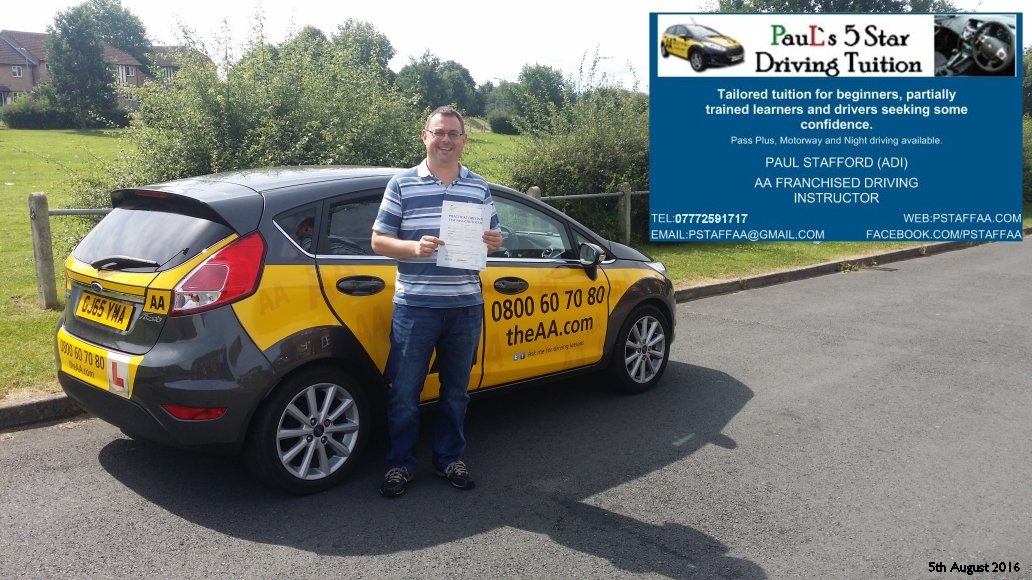 Test Pass Pupil Chris Parsons from Hereford Passes driving test with Paul's 5 Star driving tuition in hereford